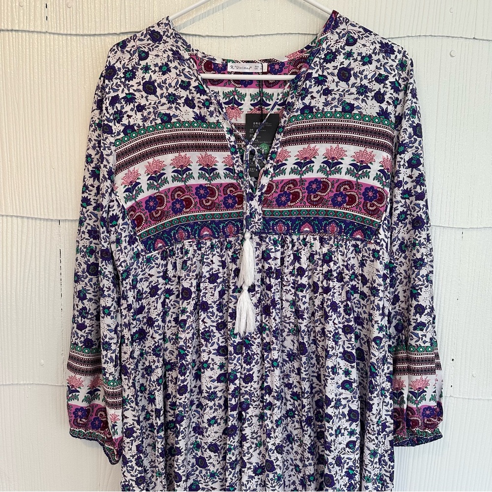NWT R Vivimos Cotton Rayon Floral Bohemian Flowy Midi Dress Boho Hippie S 4/6
